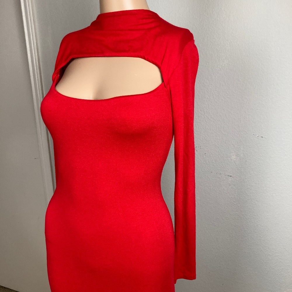 NWOT Naked Wardrobe Sexy Red Long Sleeve Cutout Mini Dress with Cut Out Size S